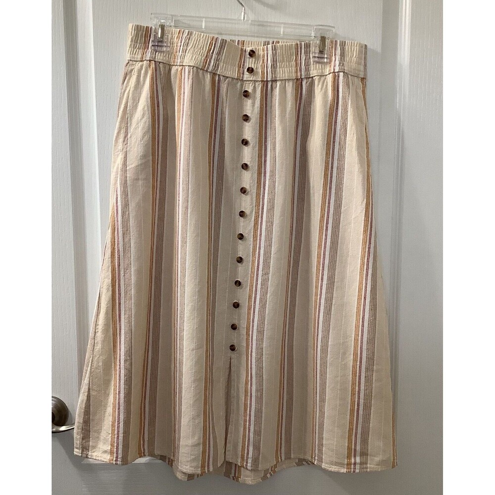 Sonoma Skirt Womens L A-Line Pull On Faux Button Pockets Linen Blend Stripe Tan